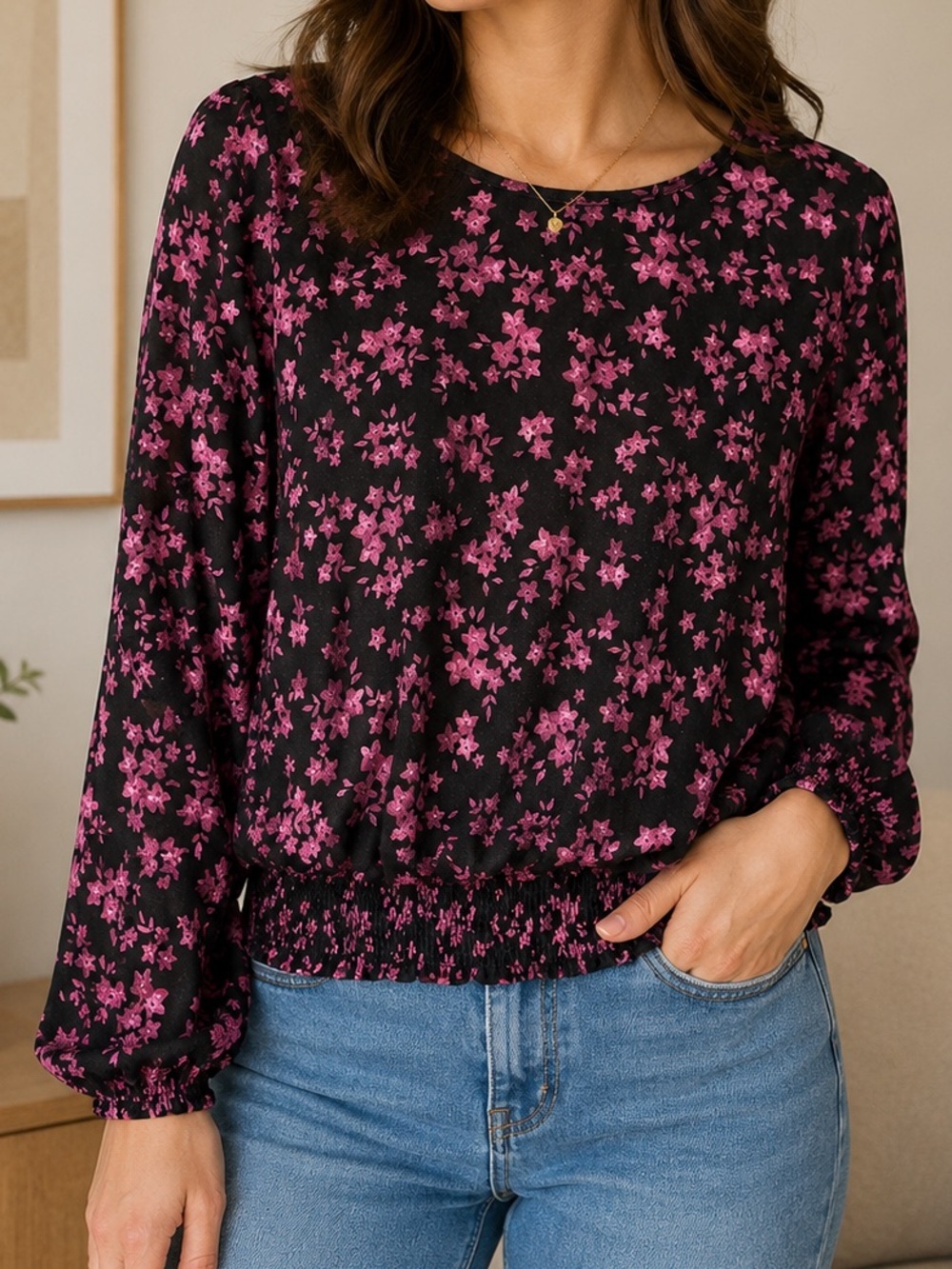 Suzy Shier Black & Pink Floral Smocked Hem Long Sleeve Blouse Size S